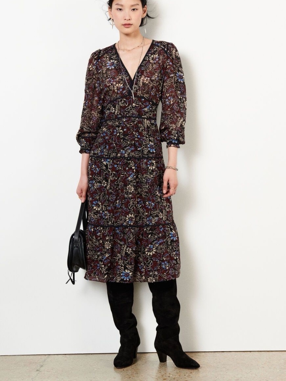 ba&sh Dark Floral Gigi Long Sleeve Tiered Midi Dress - Medium (2)